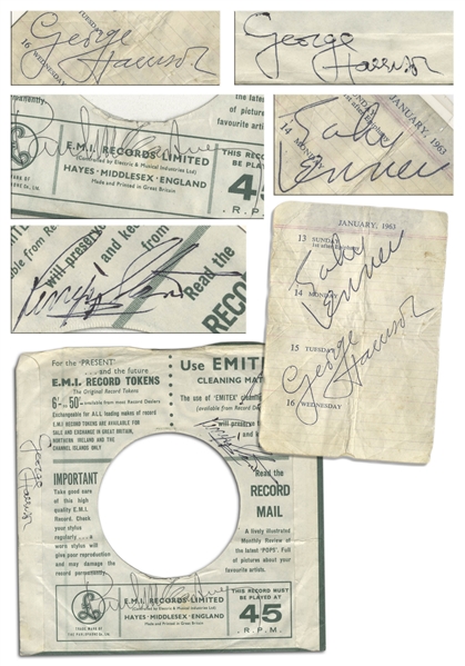 The Beatles Signed Items: Diary Page Signed by John Lennon & George Harrison, and Record Sleeve Signed by Paul McCartney, George Harrison & Ringo Starr -- With Roger Epperson COAs for All Signatures